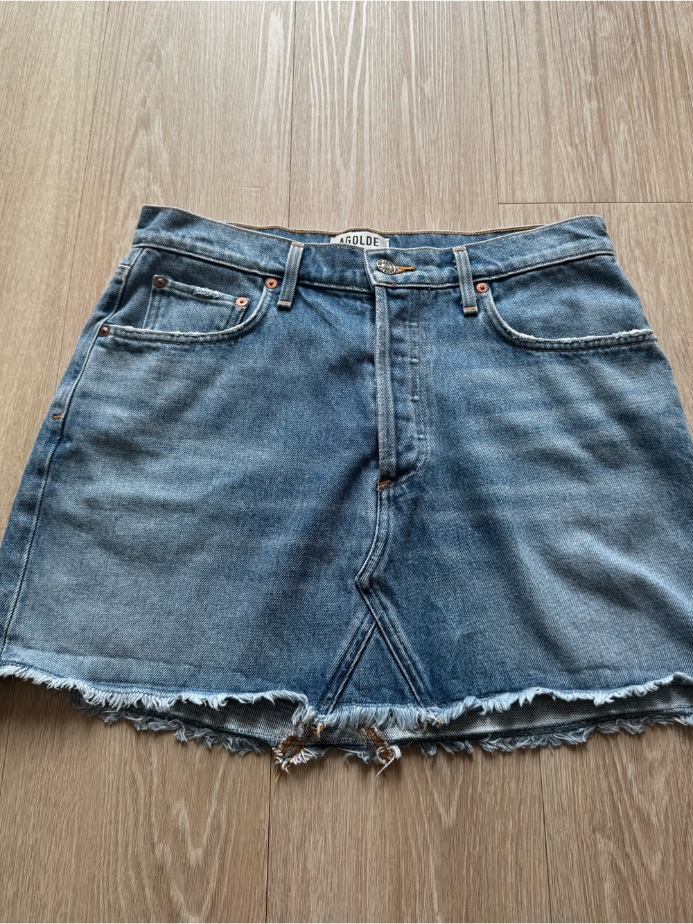 Agolde Distressed Medium Blue Denim Mini Skirt